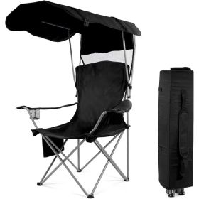 Oversized Camping Chair with Canopy Heavy Duty Folding Outdoor Chair with Armrest Cup Holder and Carry Bag Portable Camp Chair for Beach Fishing Picni (Color: Black)